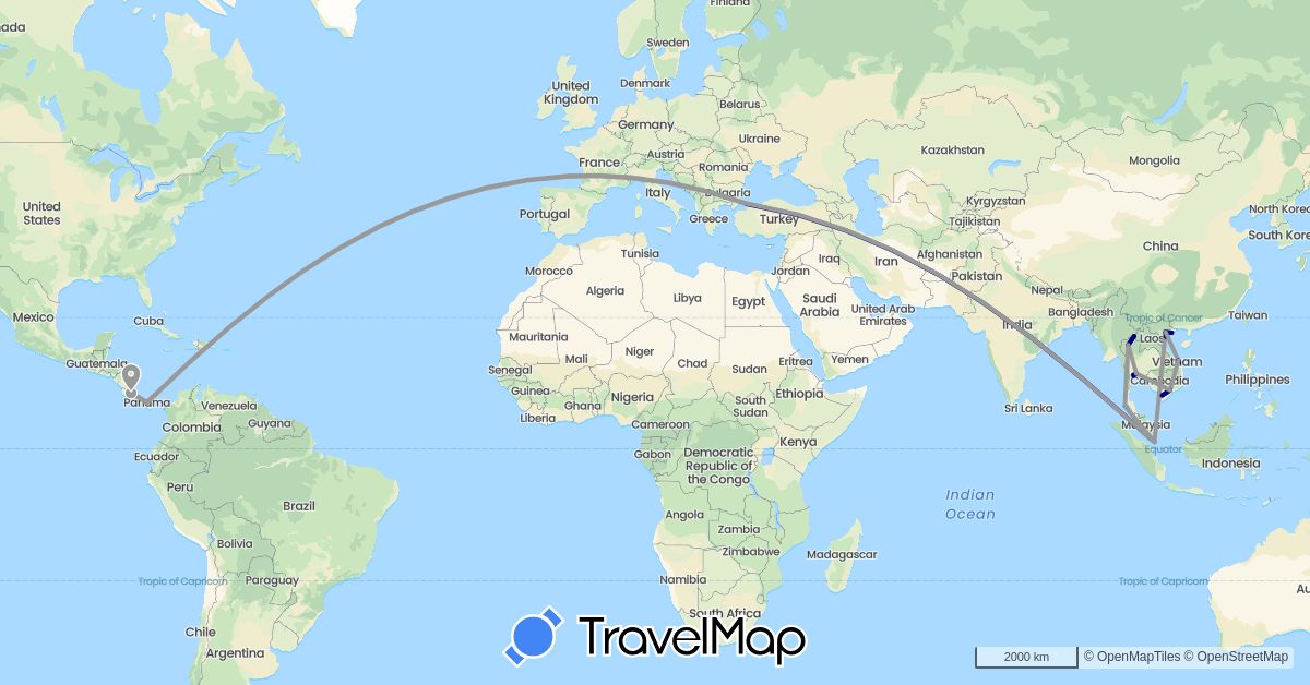 TravelMap itinerary: driving, plane, boat in Costa Rica, Panama, Singapore, Thailand, Turkey, Vietnam (Asia, North America)